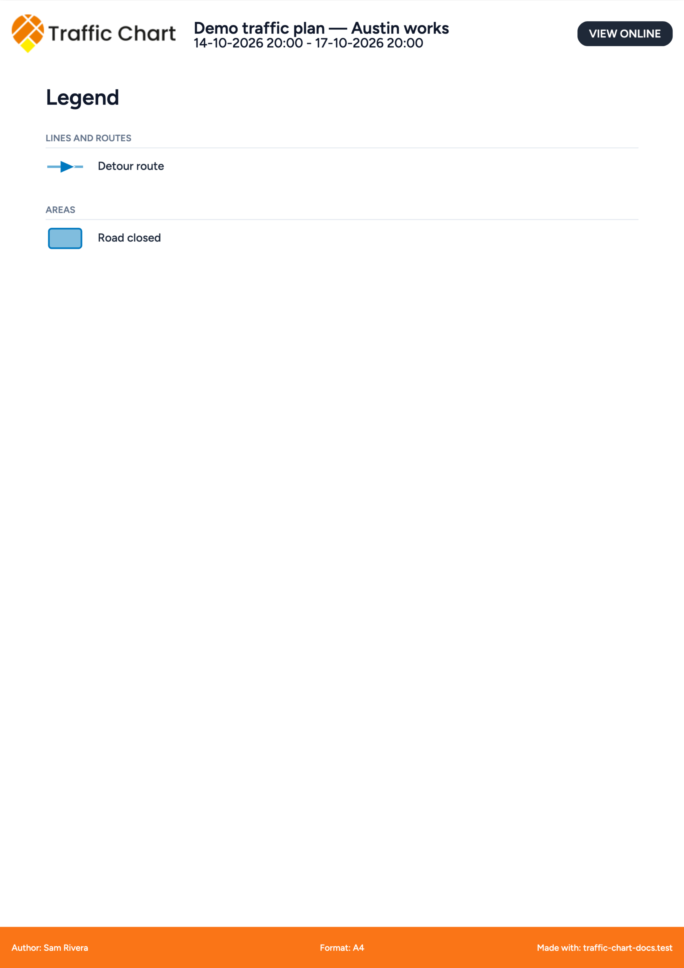 The legend page of the exported PDF, listing Detour route and Road closed