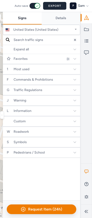 Signs catalog with Request Item (24h) at the bottom of the panel