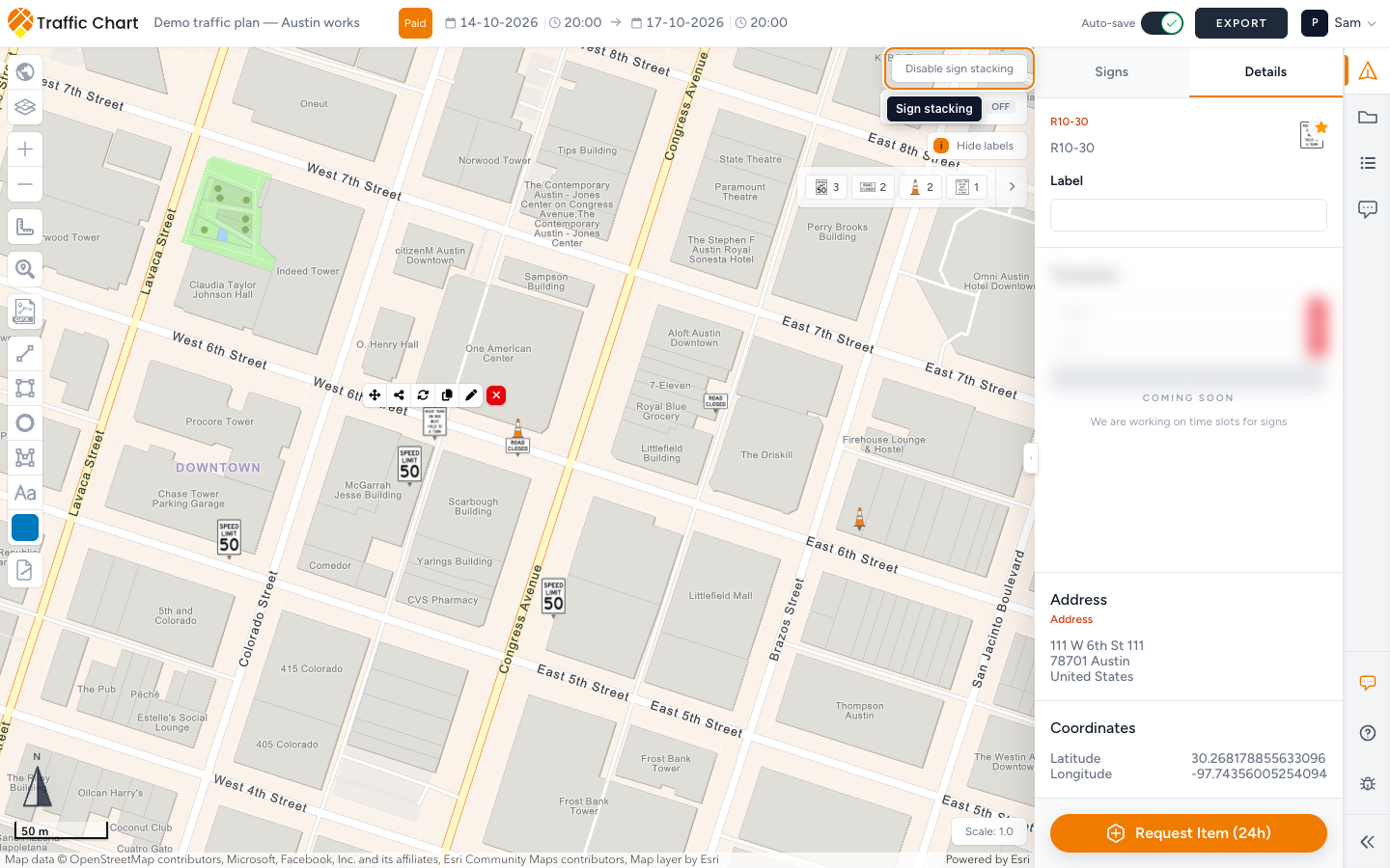 The sign stacking control on the map chrome, with a placed sign selected