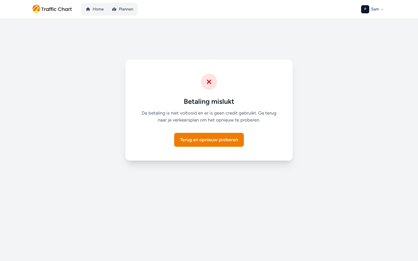 Betaalstatus: Betaling mislukt, Terug en opnieuw proberen
