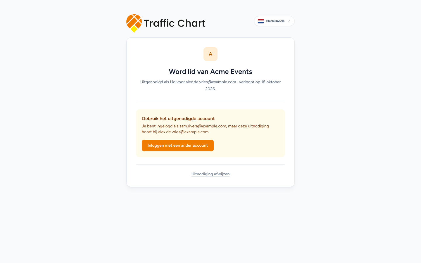 Word lid van een organisatie: Gebruik het uitgenodigde account als het ingelogde e-mailadres niet overeenkomt
