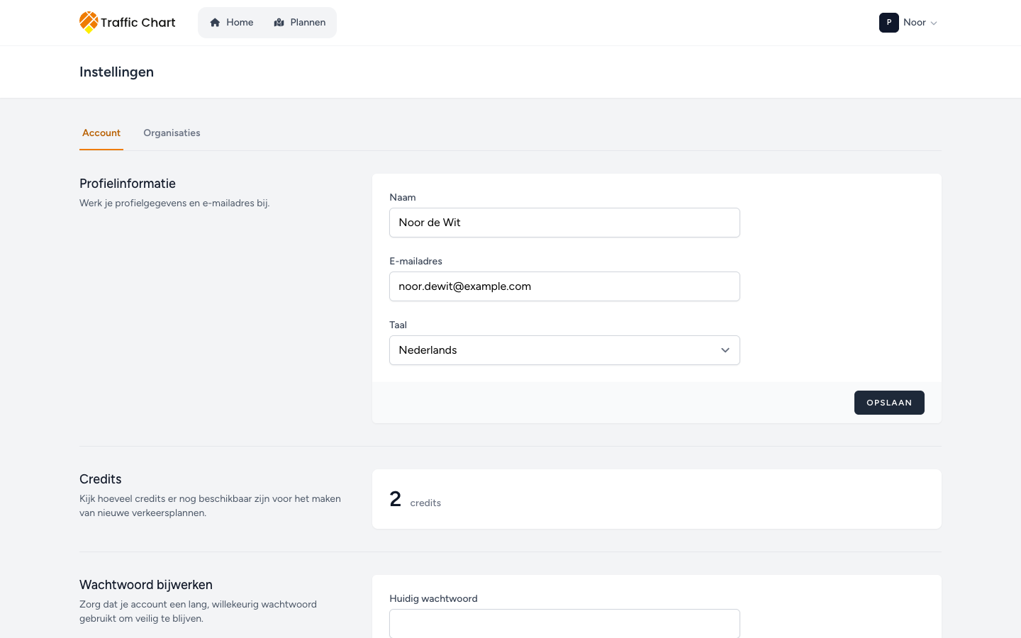 Instellingen met de tabbladen Account en Organisaties, Profielinformatie en Bedrijfslogo
