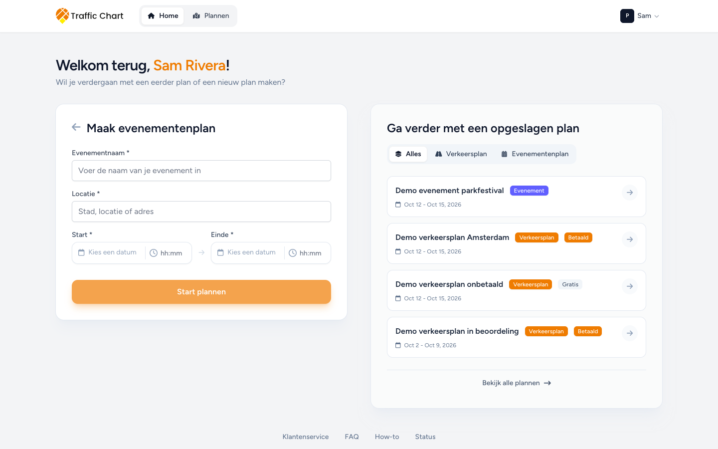 Het formulier voor een nieuw evenementenplan: Evenementnaam, Locatie, Start, Einde, Start plannen