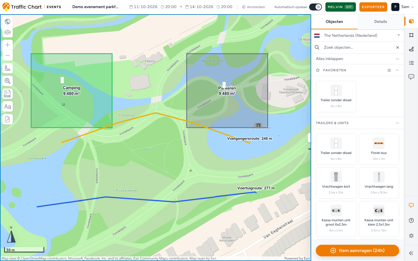 De editor voor evenementenplannen met een ingetekende kaart, Objecten en Item aanvragen (24h)