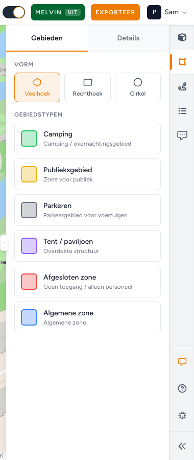 Het paneel Gebieden met de gebiedstypen die je kunt tekenen