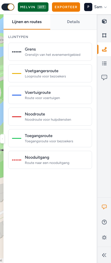 Het paneel Lijnen en routes met de routetypen die je kunt tekenen