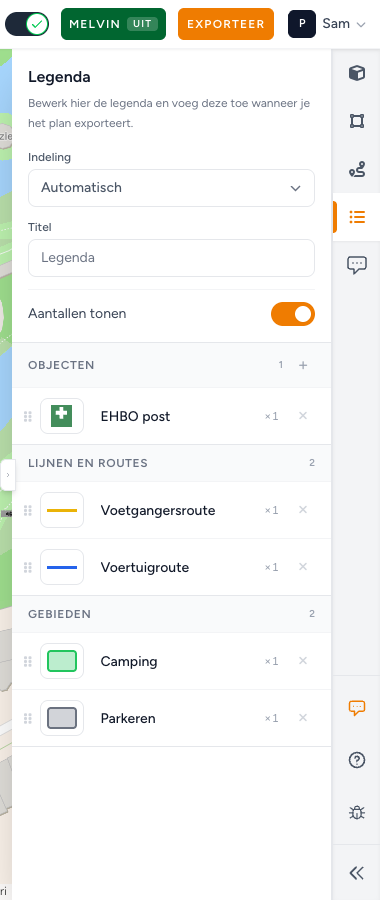 Zijbalk Legenda: Titel, Aantallen tonen, Voetgangersroute, Voertuigroute, Camping, Publieksgebied