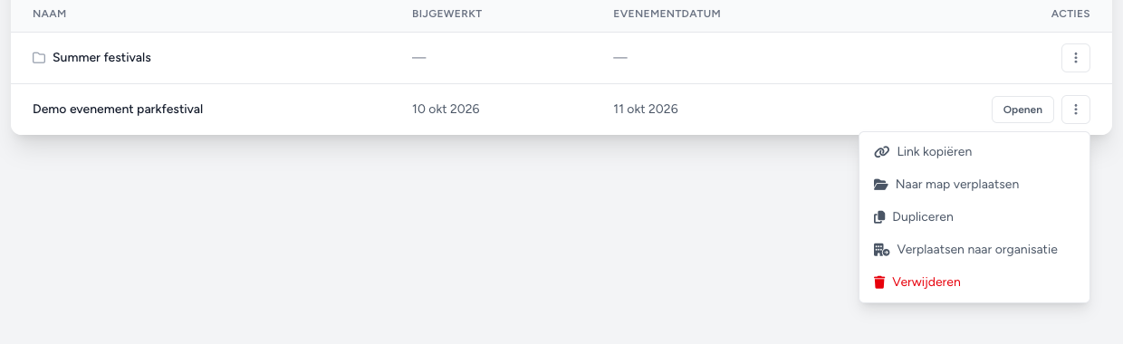 Menu Acties in de regel van een evenementenplan: Link kopiëren, Naar map verplaatsen, Dupliceren, Verplaatsen naar organisatie, Verwijderen
