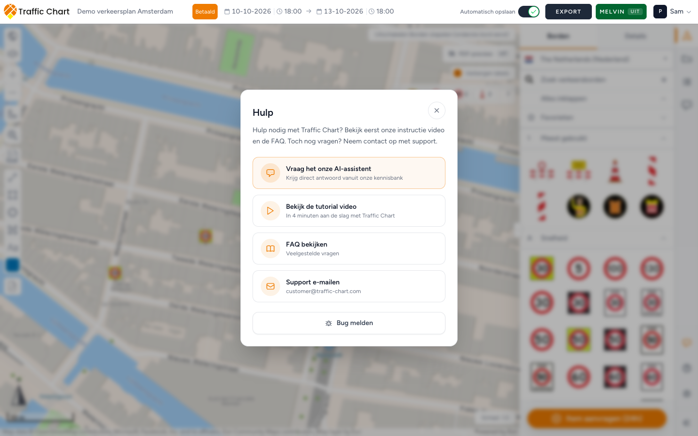 Venster Hulp: Bekijk de tutorial video, FAQ bekijken, Support e-mailen, Bug melden