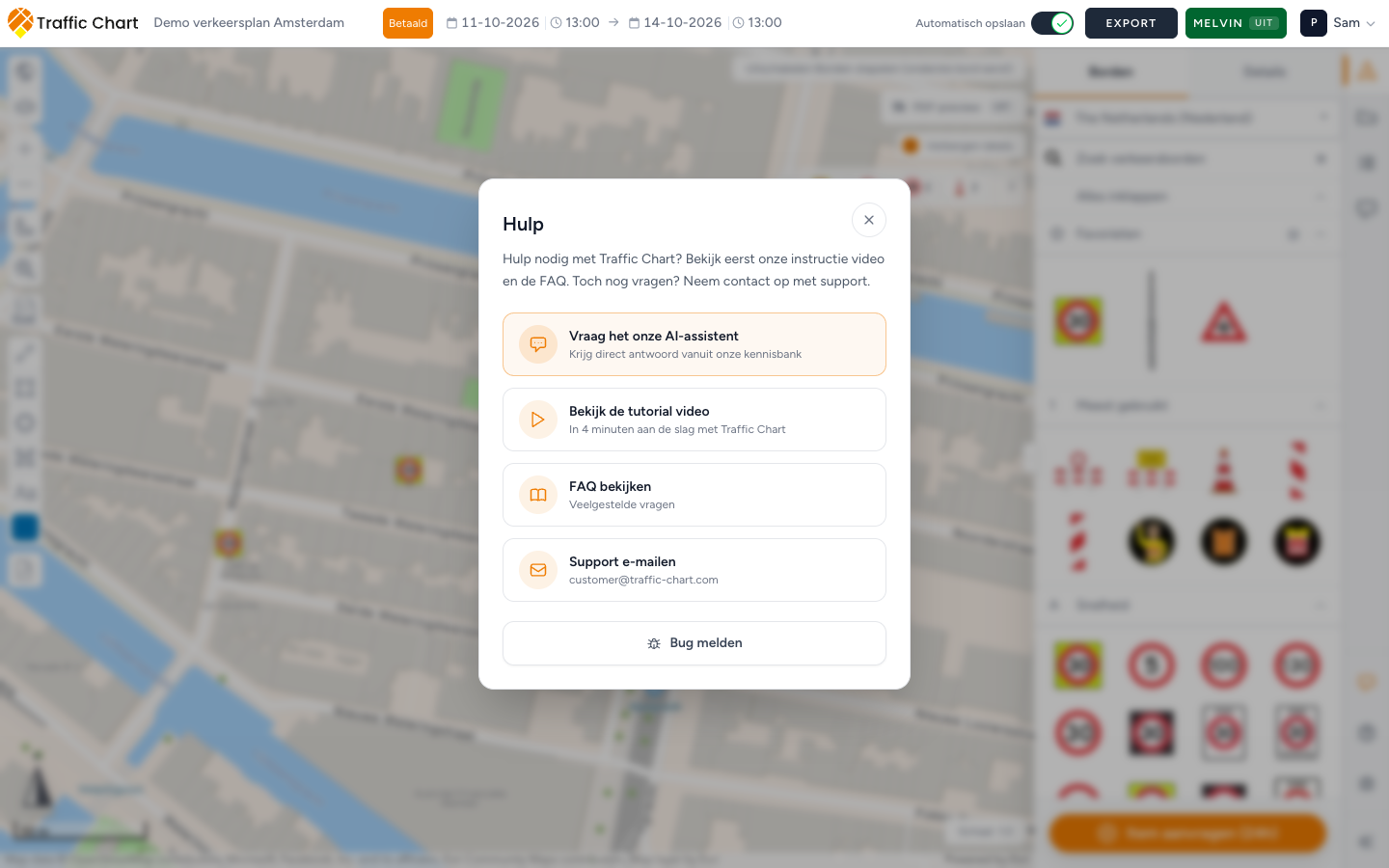 Venster Hulp met Vraag het onze AI-assistent bovenaan, boven Bekijk de tutorial video, FAQ bekijken en Support e-mailen