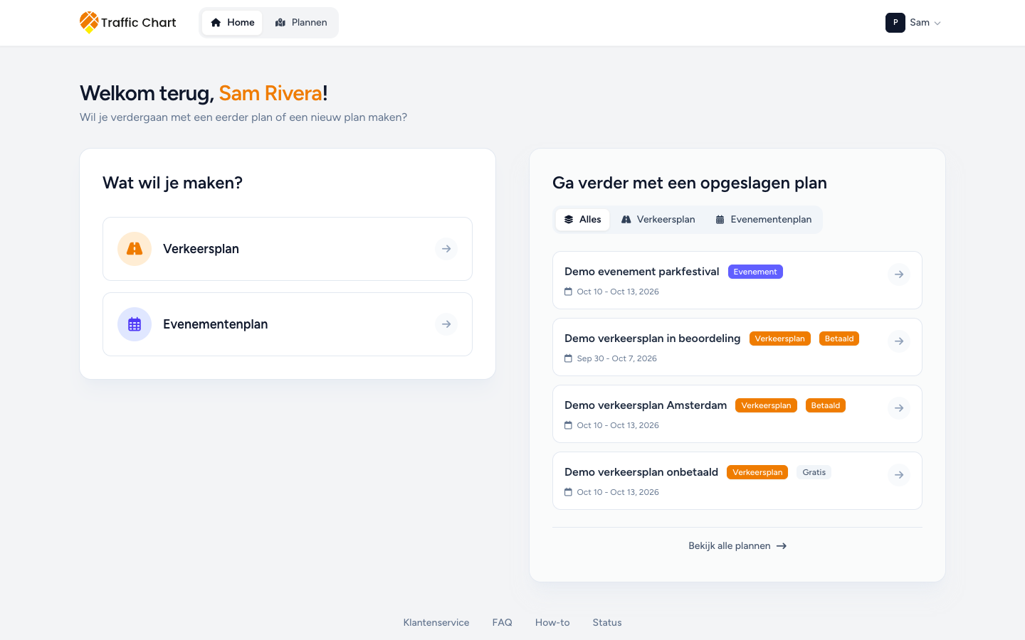 Home: Verkeersplan, Evenementenplan en Ga verder met een opgeslagen plan