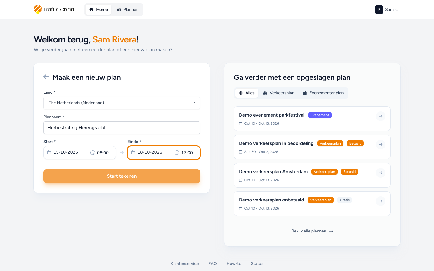 Formulier voor een nieuw verkeersplan met Land, Plannaam, Start, Einde en Start tekenen