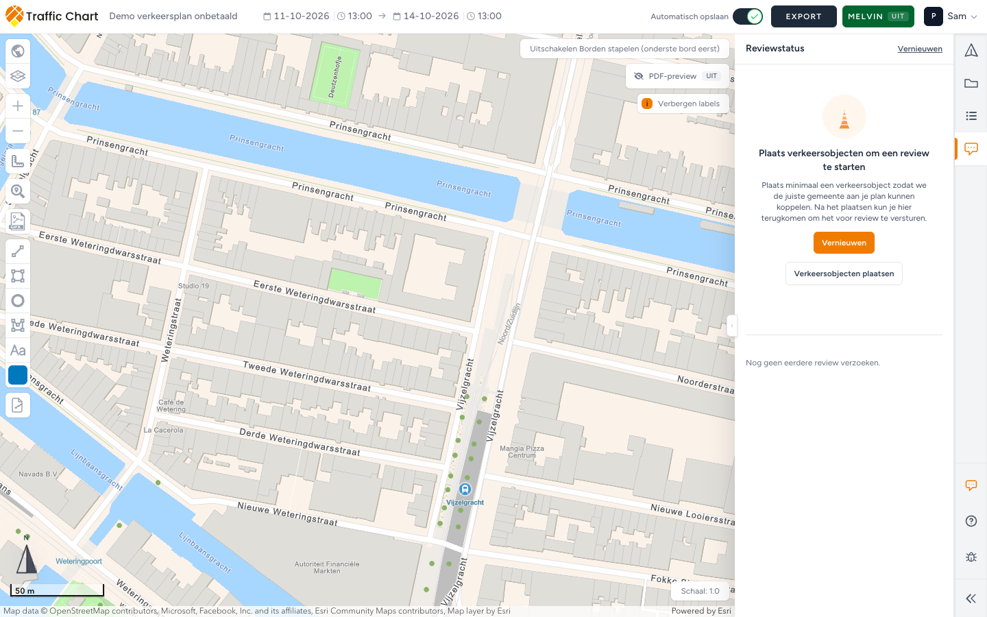 Paneel Opmerkingen: Plaats verkeersobjecten om een review te starten