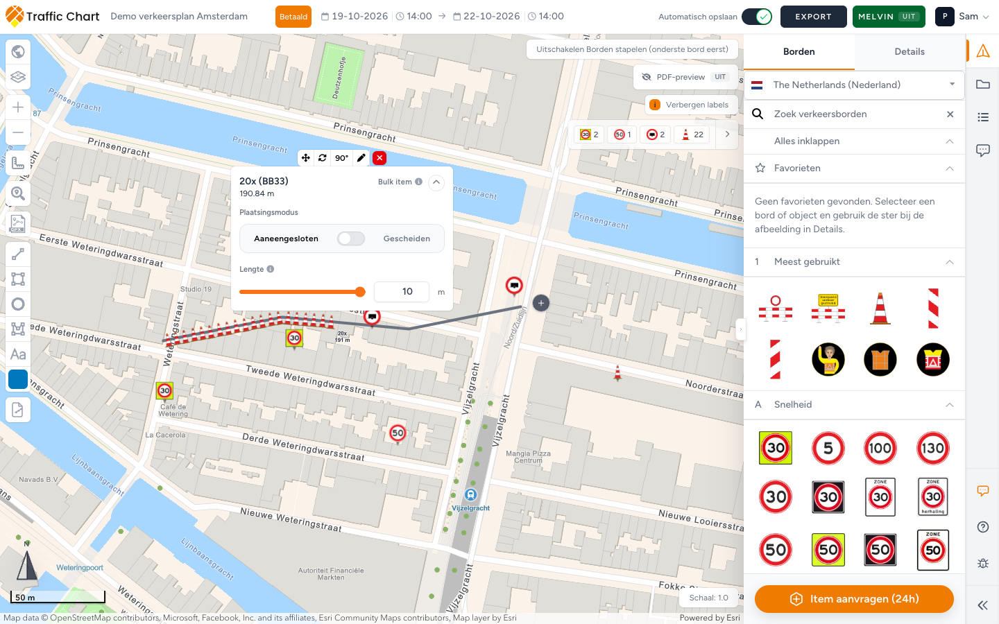 Dezelfde bulklijn in de modus Aaneengesloten: het aantal is opnieuw berekend en de borden staan tegen elkaar vanaf het begin van de lijn