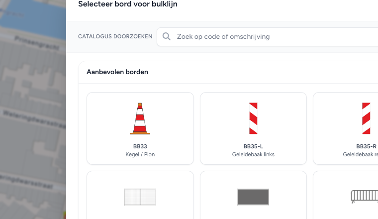 Werkbalk op een geselecteerde bulklijn: verplaatsen, lijn draaien, 90°, bord bewerken en verwijderen, boven het aantal en de plaatsingsmodus