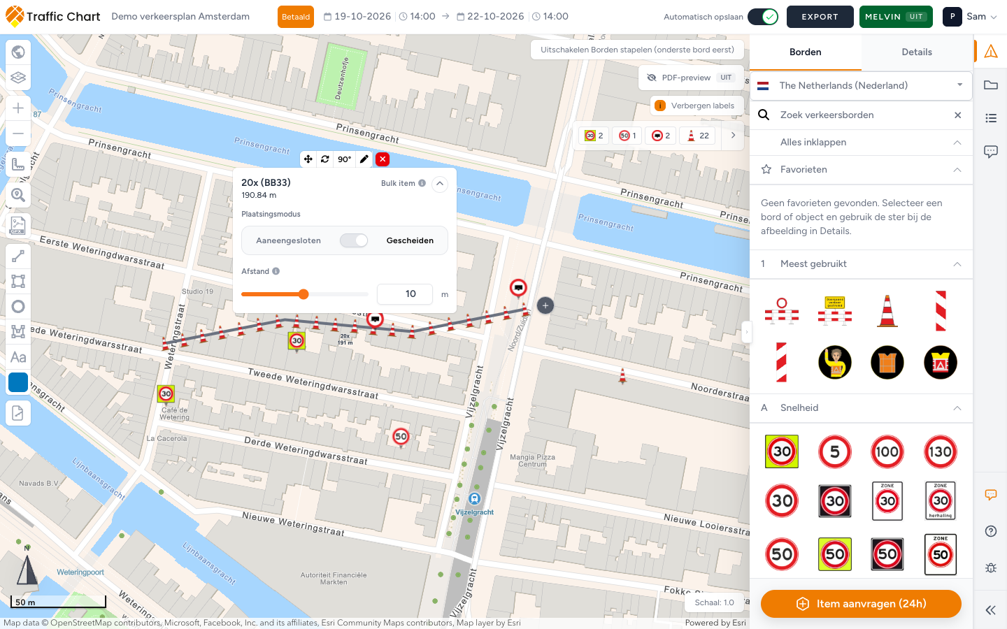Een geselecteerde bulklijn met de knop Continue line aan het einde
