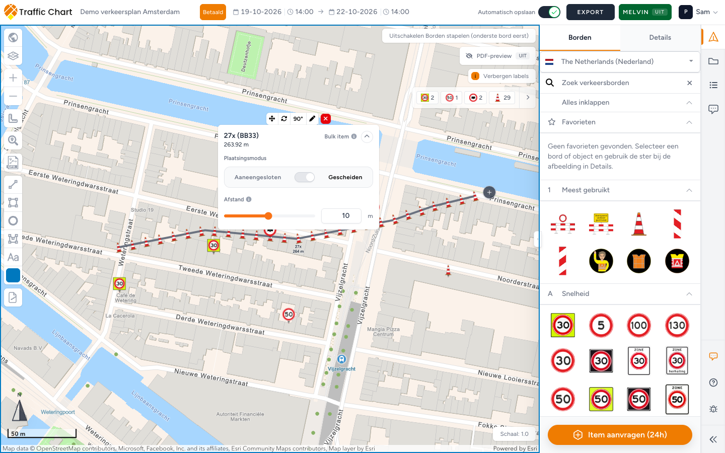 Dezelfde bulklijn na het verlengen: 27 kegels over 263,92 m