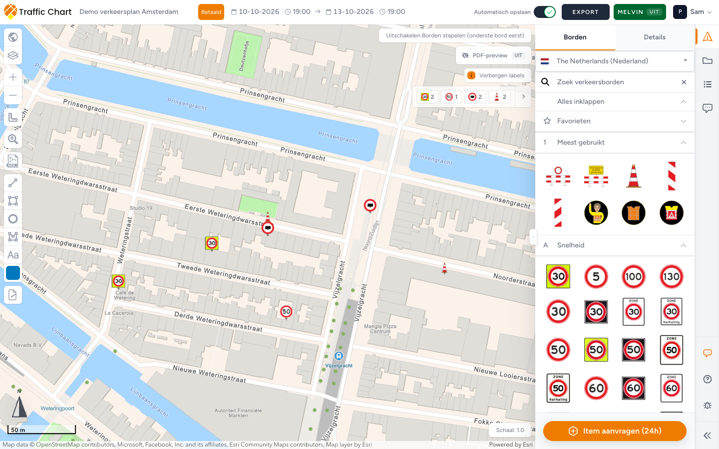 Editor voor verkeersplannen met geladen kaart, de catalogus Borden, Export, de Melvin-knop en PDF-preview