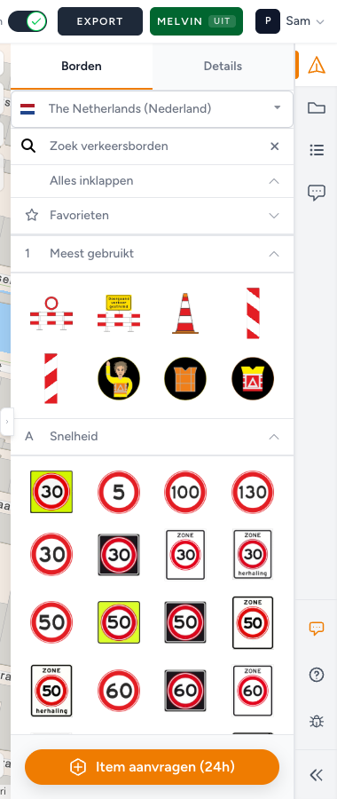 Zijbalk met de bordencatalogus: tabbladen Borden en Details