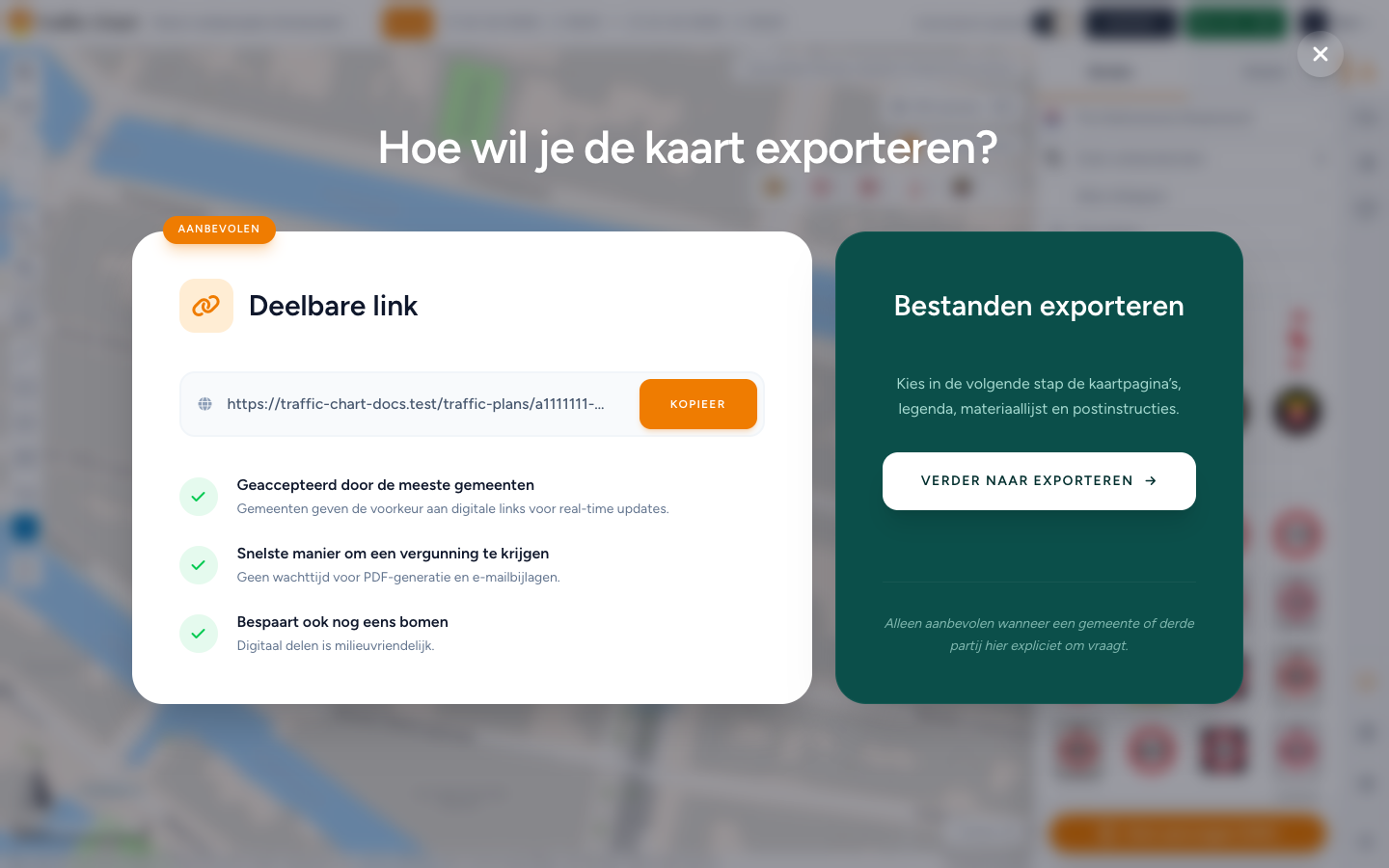 Hoe wil je de kaart exporteren? Deelbare link aanbevolen tegenover Exporteer bestanden