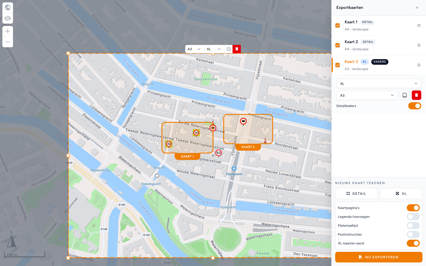 Zijbalk Exportkaarten met Detailkaders aan voor de XL-kaart: Kaart 1 en Kaart 2 als Detail, Kaart 3 als XL met een badge Kaders, en genummerde vakken MAP 1 en MAP 2 op de kaart