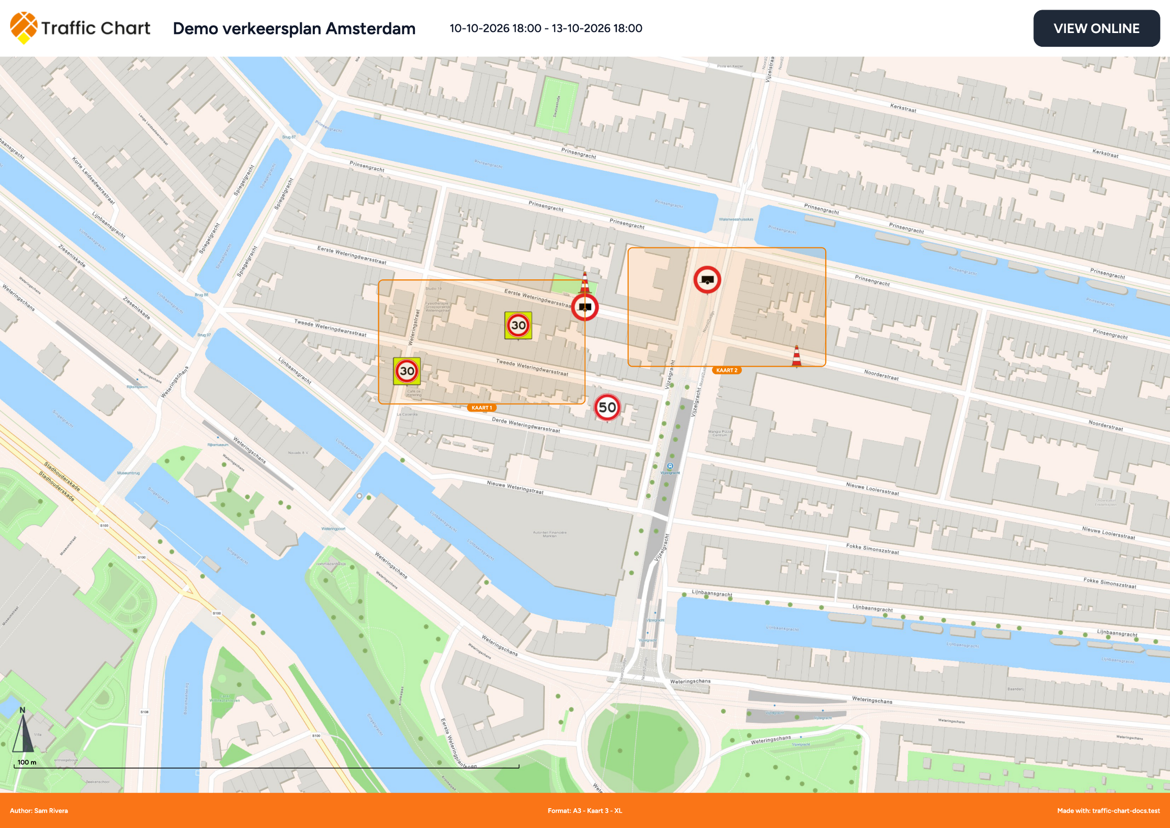 Overzichtspagina van de geƫxporteerde pdf: de XL-kaart met oranje genummerde vakken MAP 1 en MAP 2 die de twee detailpagina's markeren