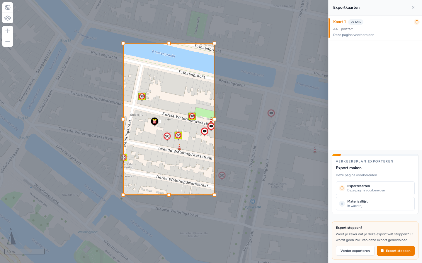 Zijbalk Exportkaarten tijdens een export, met het venster Export stoppen? en de knoppen Verder exporteren en Export stoppen