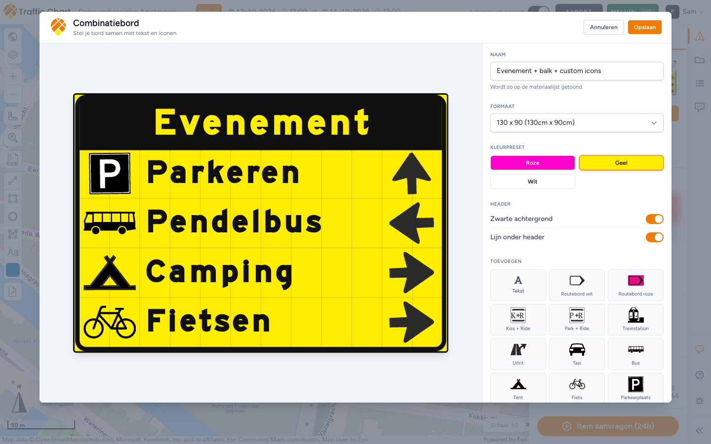 Bordeditor Combinatiebord: Naam, Formaat, Kleurpreset, Header en Toevoegen