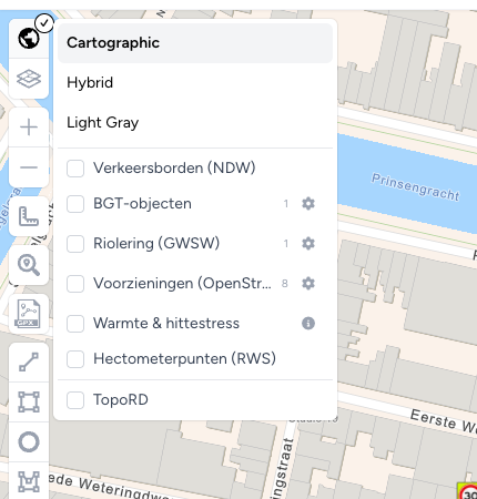 Kaart selecteren geopend op een Nederlands plan met Verkeersborden (NDW) en BGT-objecten