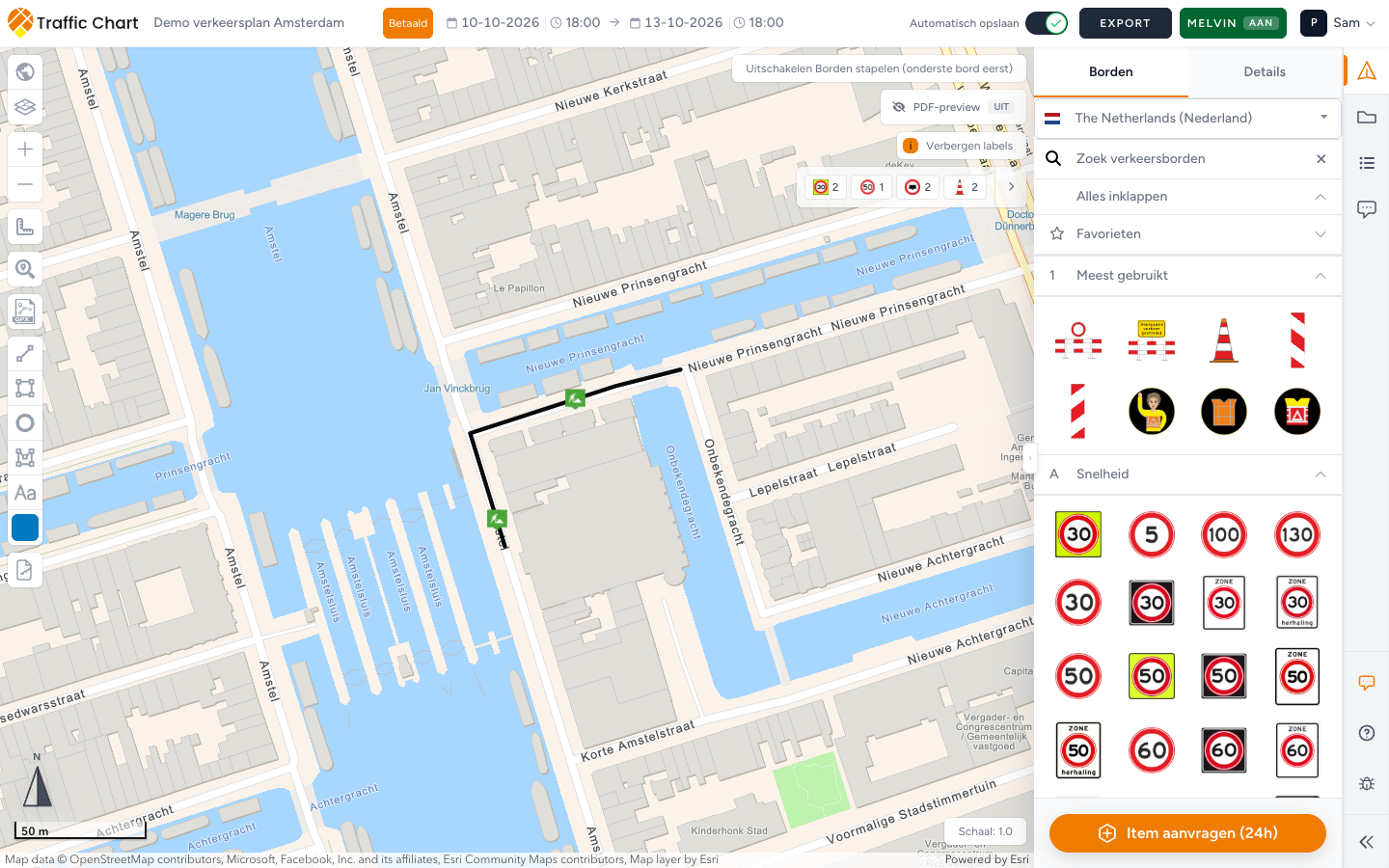 Editor van een verkeersplan met Melvin ingeschakeld boven een straat in Amsterdam