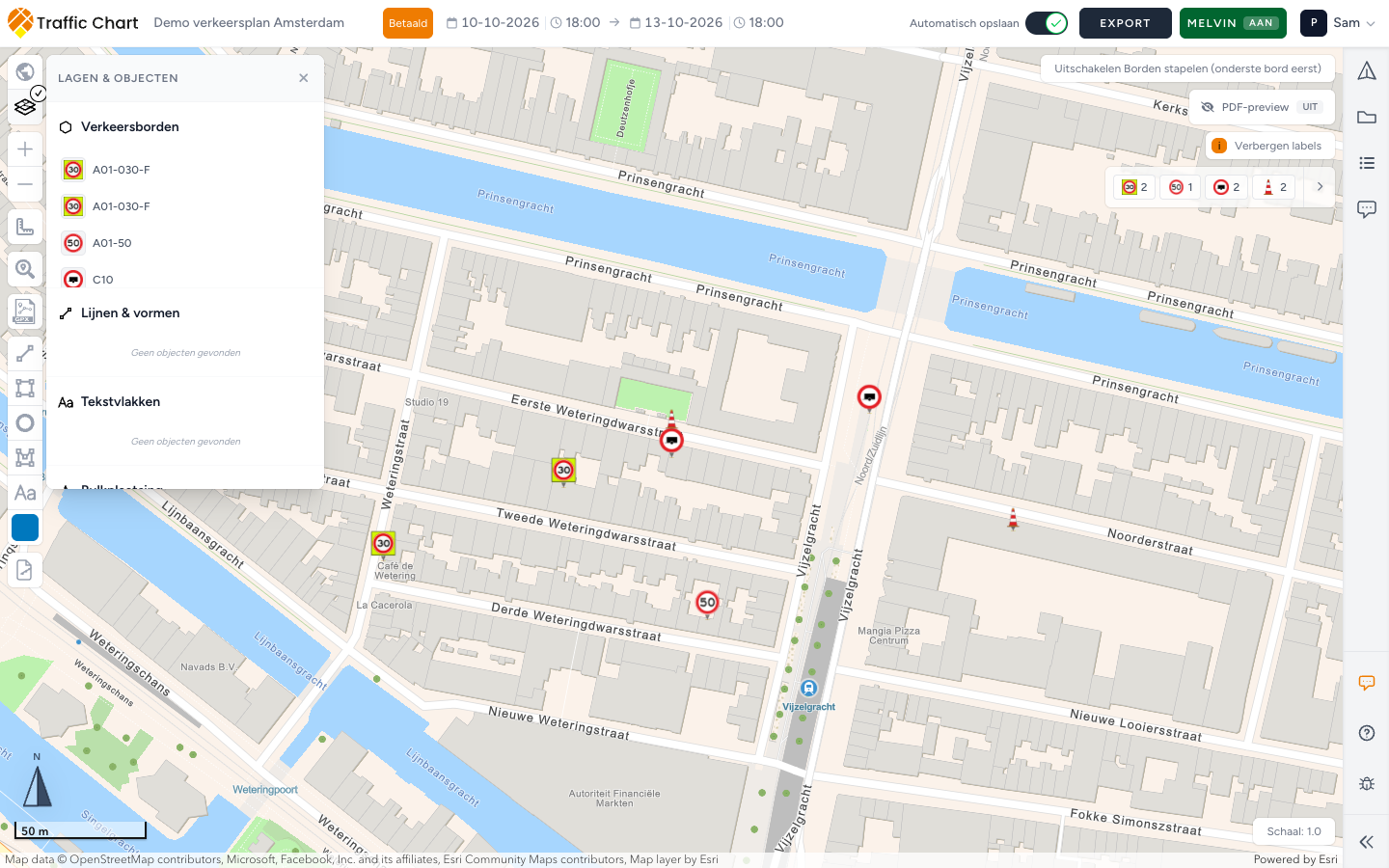 Lijst Lagen & Objecten met de lagen van het plan en hun knoppen