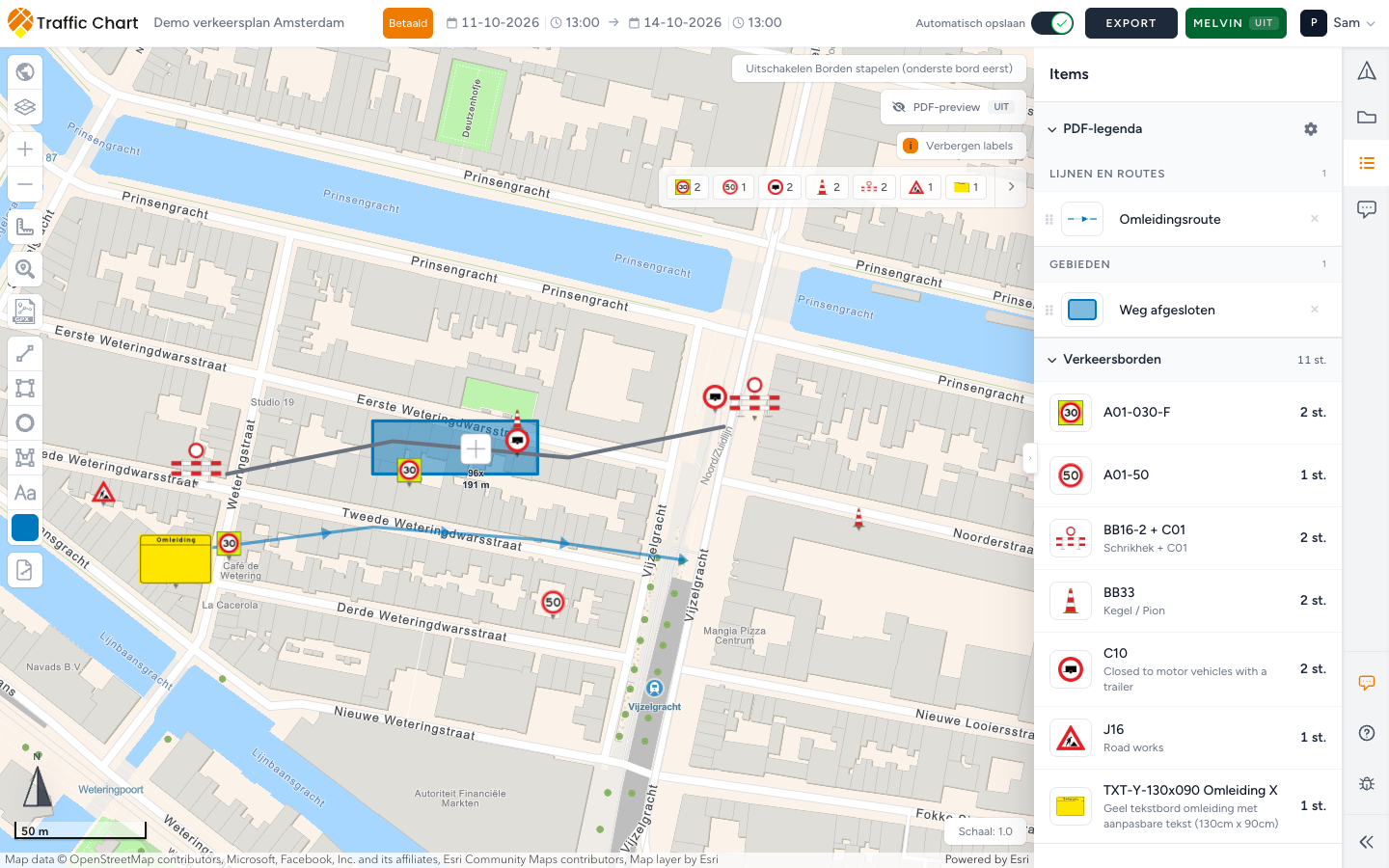 Een afgerond omleidingsplan: borden voor een gesloten weg en een rij kegels in de afgesloten straat, een omleidingslijn met pijlen door de volgende straat, en de legenda met Omleidingsroute en Weg afgesloten