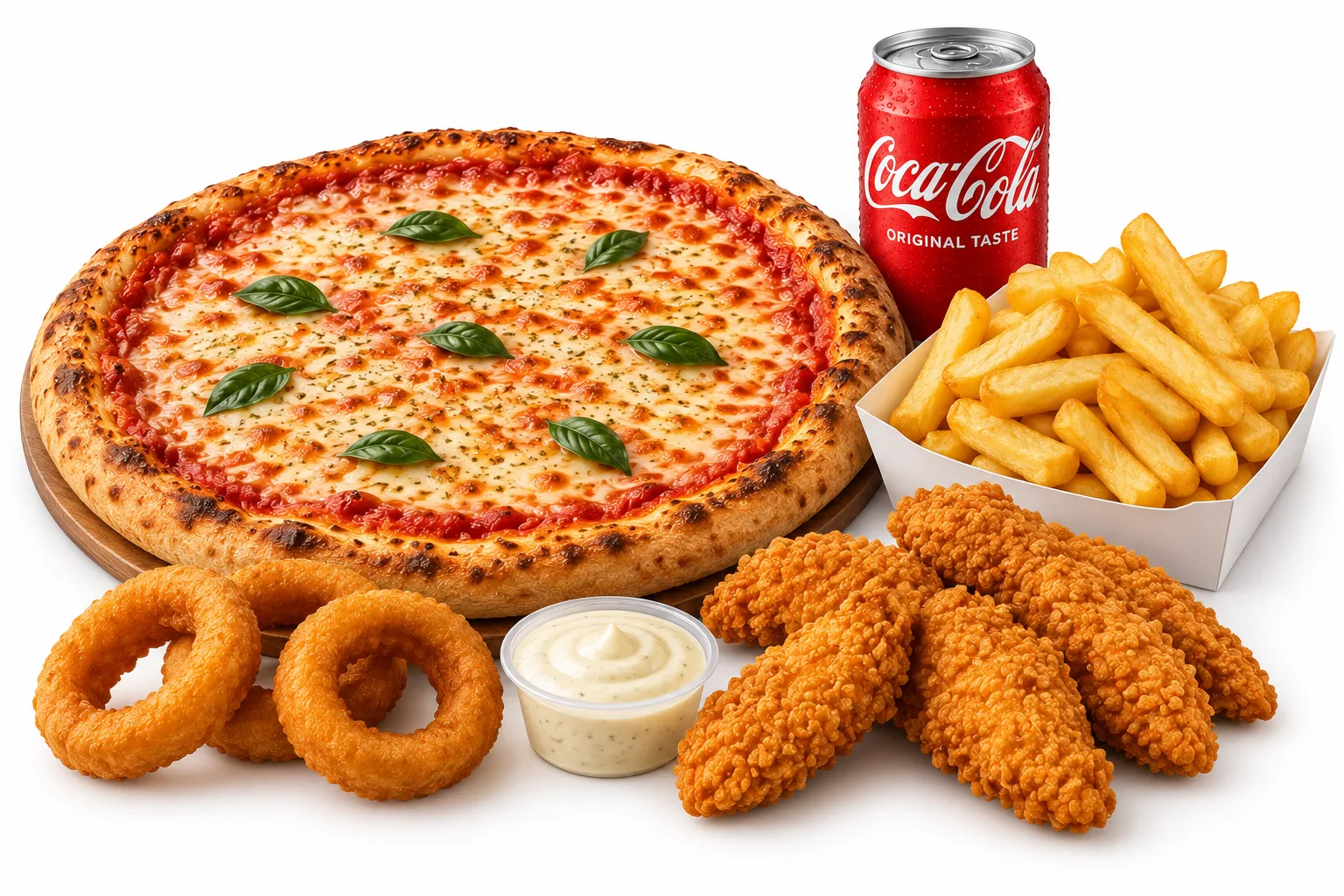 14" Margherita, Chips, Onion Rings, 4x Chicken Tenders & Any Sauce + Can