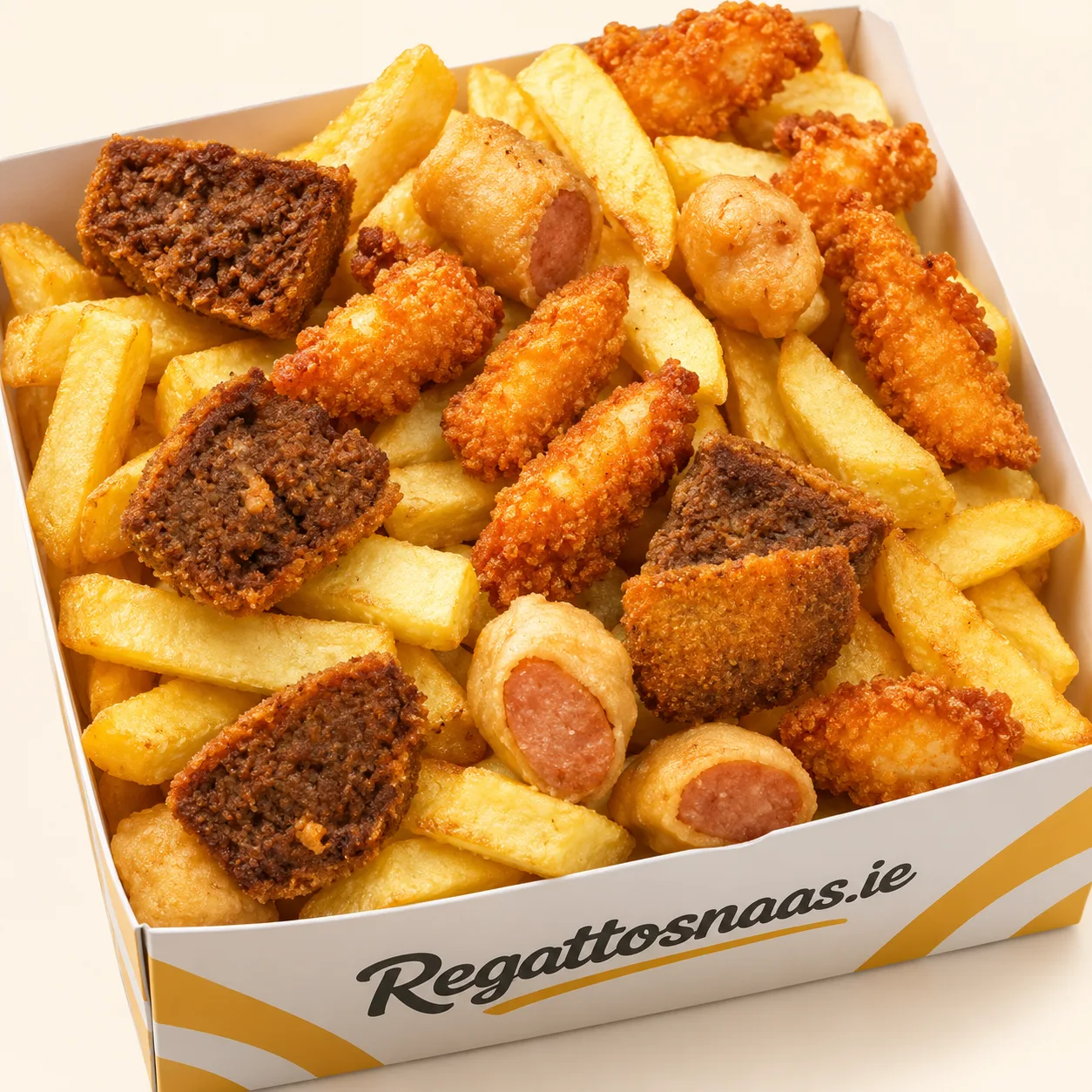 Chipper Trio Treat: Battered Sausage, Spice Burger, And Chicken Goujons, Tossed With Freshly Cut Chips And Dip Of Your Choice