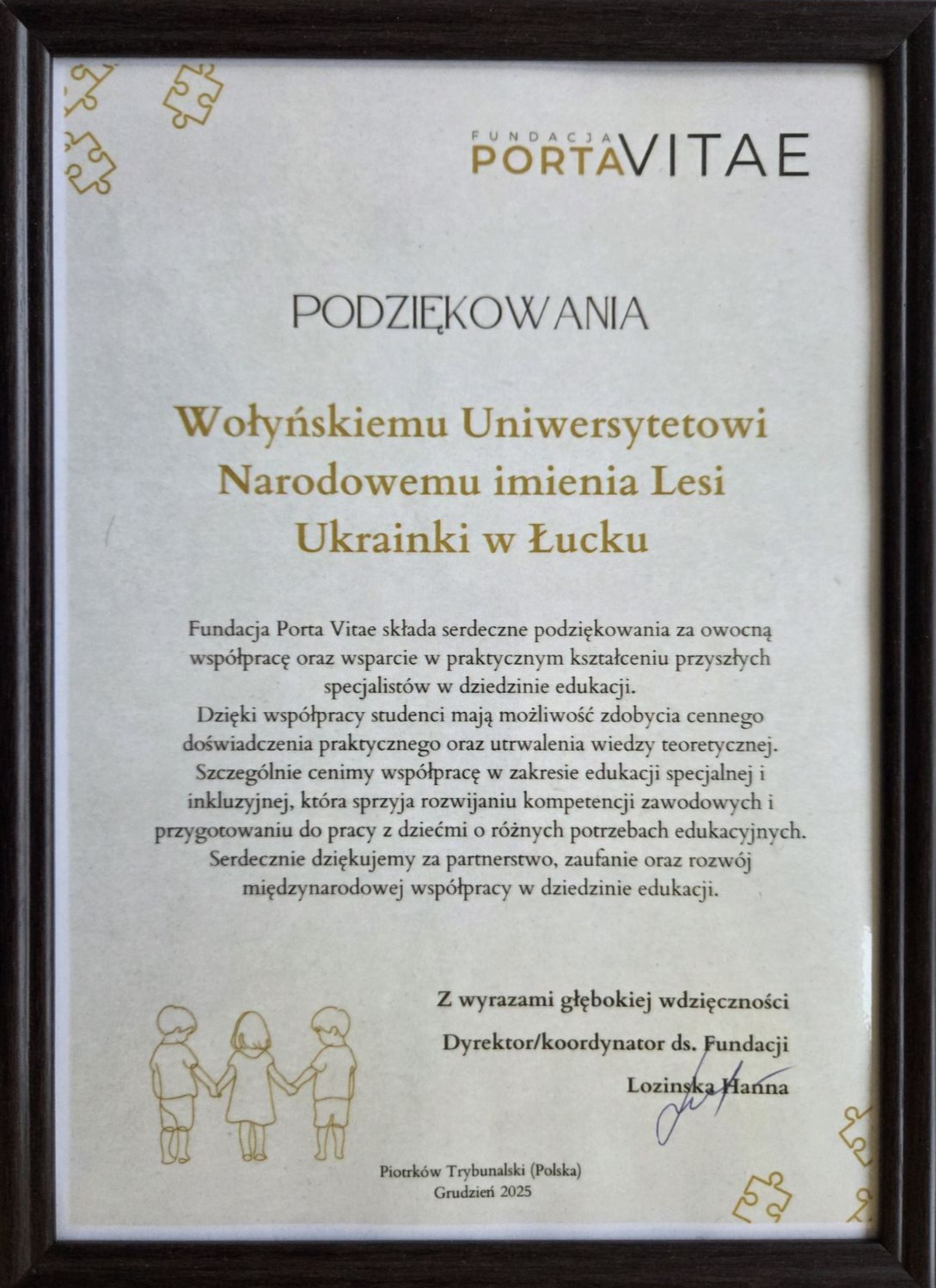 Університет отримав подяку від міжнародного партнера – Фундації «Porta Vitae» (Республіка Польща)