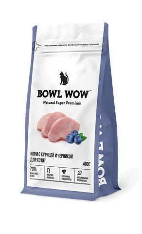 BOWL WOW СУХОЙ КОРМ ДЛЯ КОТЯТ С КУРИЦЕЙ И ЧЕРНИКОЙ