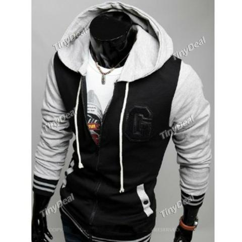 Patchwork Terylene Casual Base Ball Jacket with Hoodie