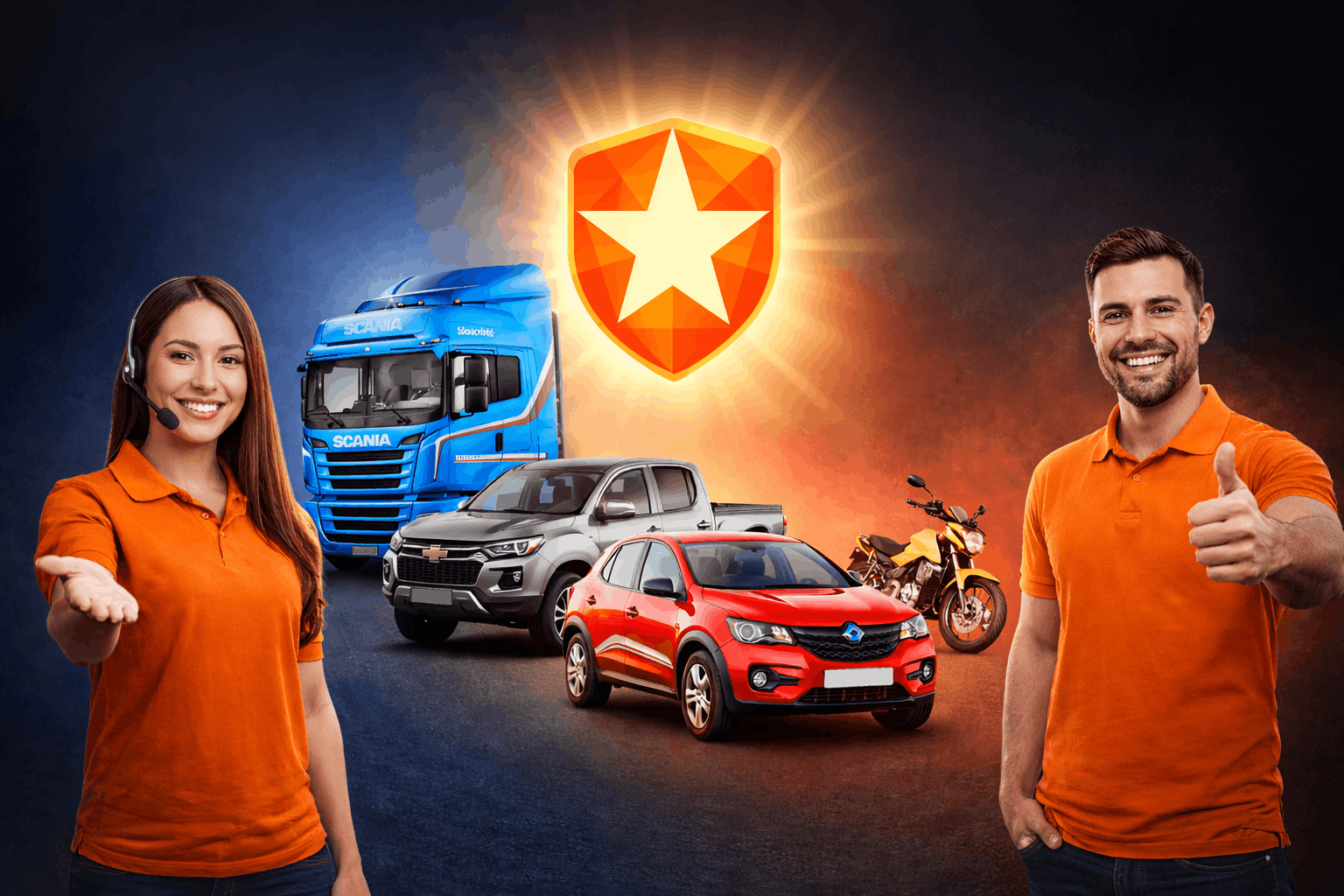 Atendentes da proteção veicular STAR ao lado de caminhão, carro e moto