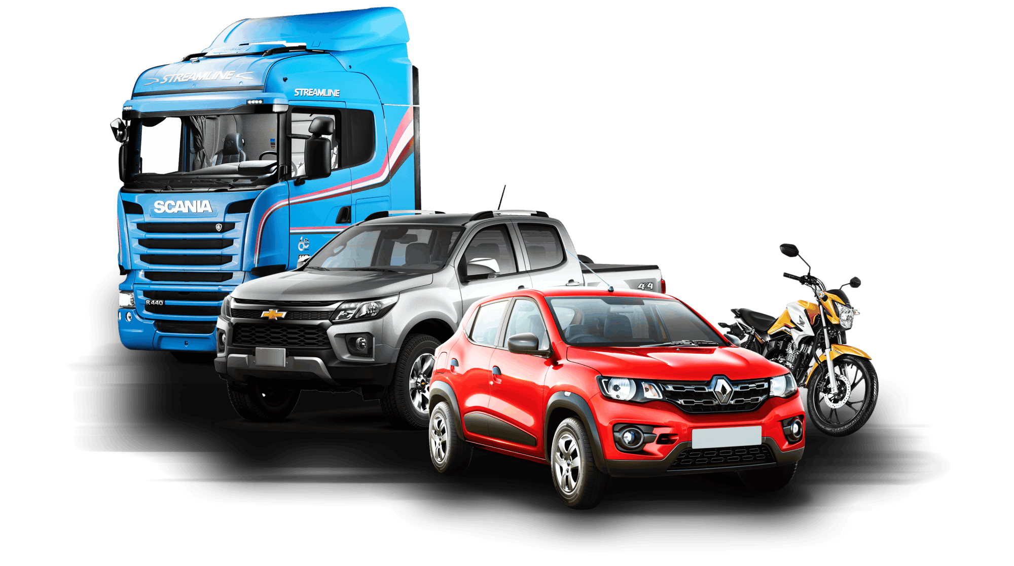 Caminhão azul, caminhonete, carro vermelho e motocicleta com símbolo de estrela da STAR