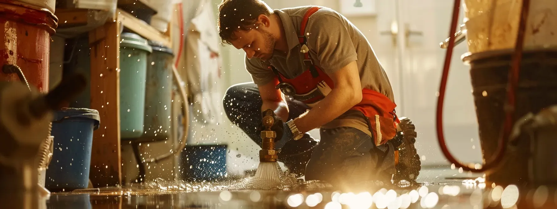 a plumber in action fixing a burst pipe tied to an anchor for emergency plumbing near me.