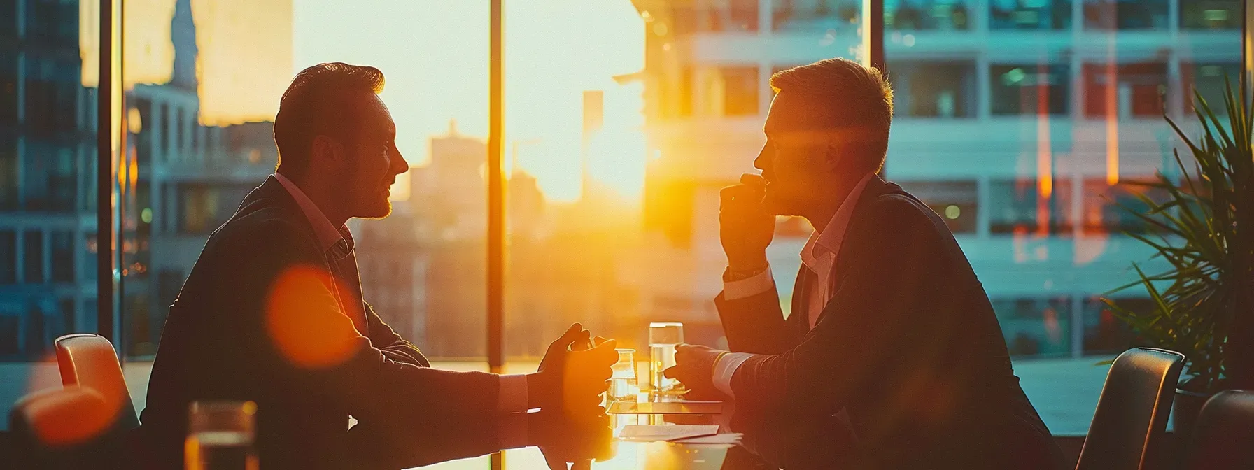 two business professionals engaged in a focused discussion, highlighting the advantages of sales opportunity management software.