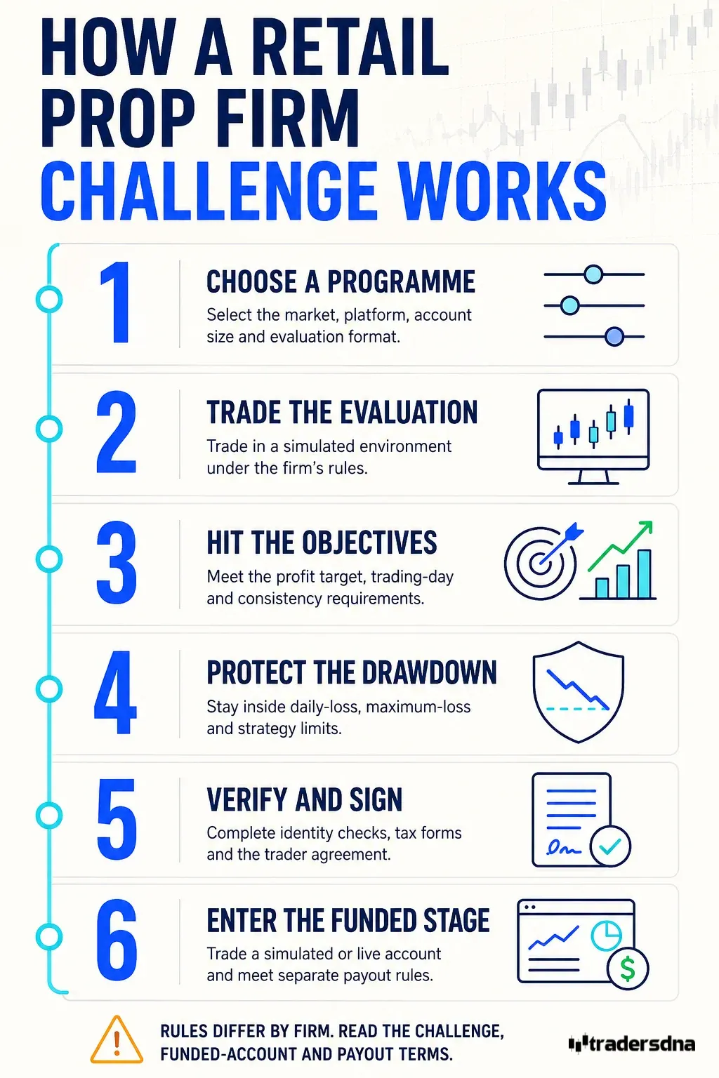 Six-step infographic explaining how a retail prop firm challenge works, from choosing a programme and passing the evaluation to protecting drawdown limits and entering the funded stage.