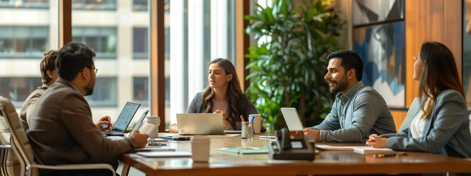 Business team sitting at a large conference desk discussing an RFP response