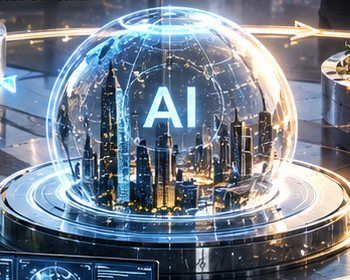 A glass sphere enclosing a city, marked AI