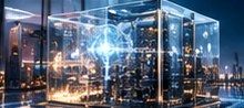 A glass cube of servers glowing at night