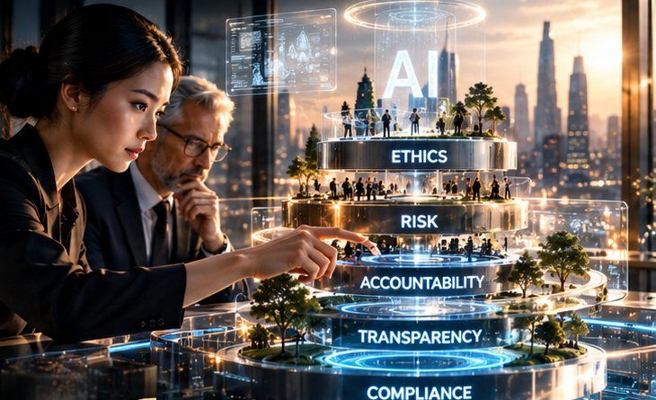 An adviser points at a five-tier holographic tower labelled Ethics, Risk, Accountability, Transparency and Compliance