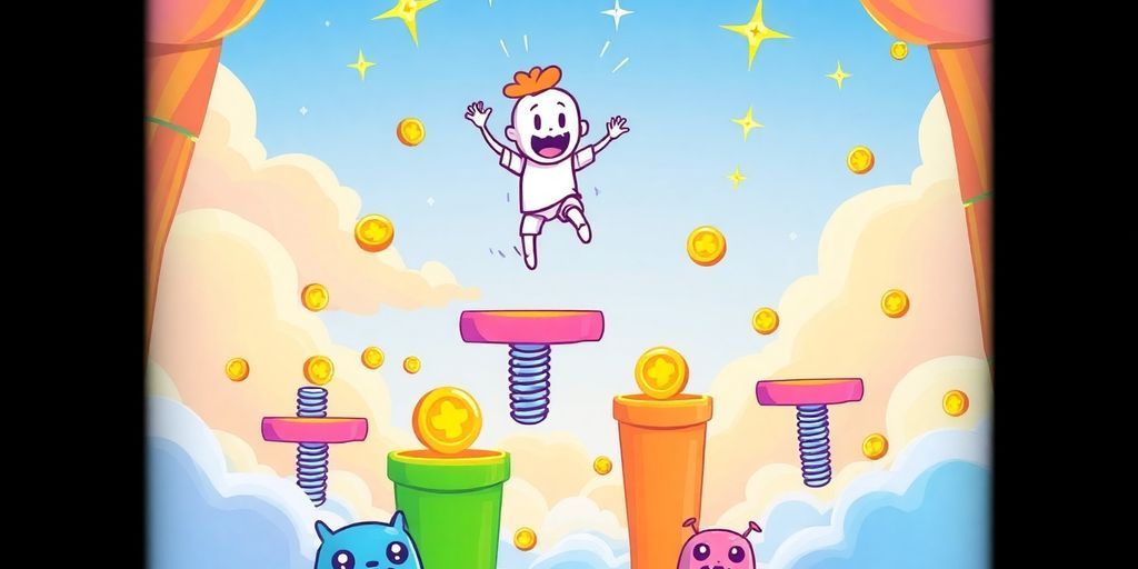Doodle Jump character bouncing between colorful platforms and shiny coins