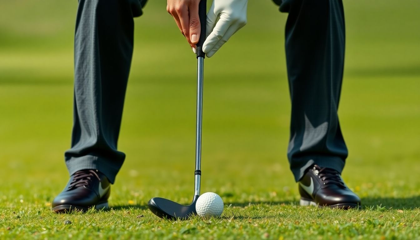 Golfer in stance with club behind ball.