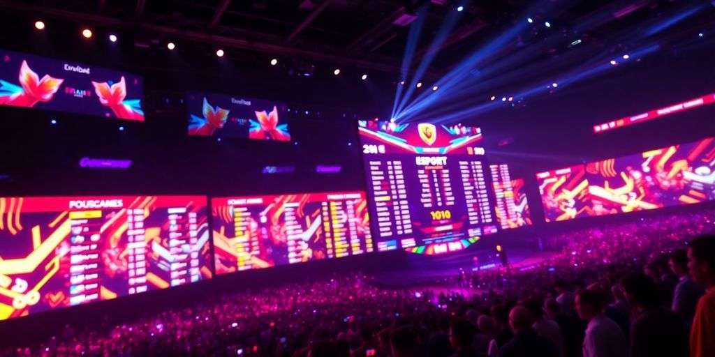 Esports scoreboard with vibrant game visuals.