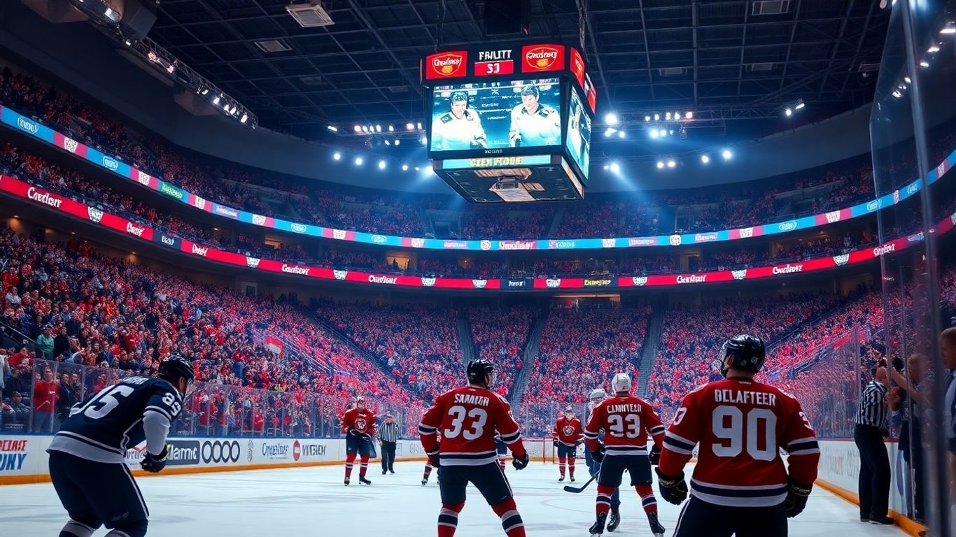 Hockey players in action on the ice.
